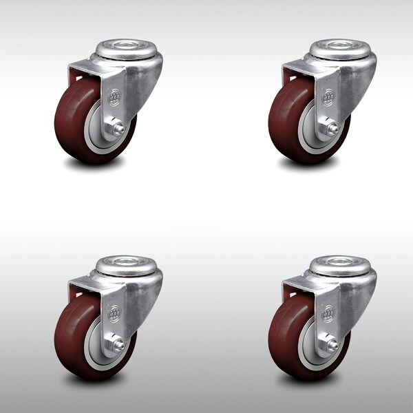3 Inch SS Maroon Polyurethane Wheel Swivel Bolt Hole Caster Set